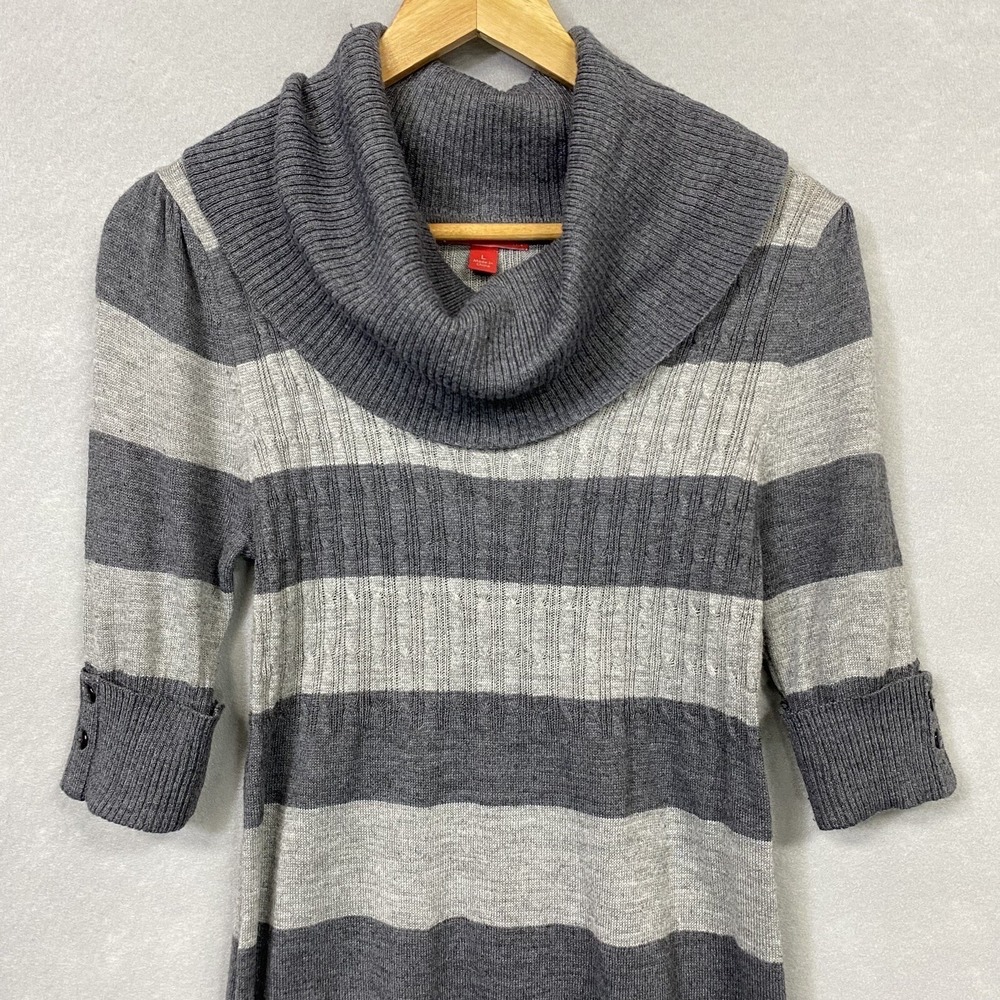 Liv Womens Gray Striped Cowl Neck Sweater Dress 3/4 Sleeve Size L SL1690